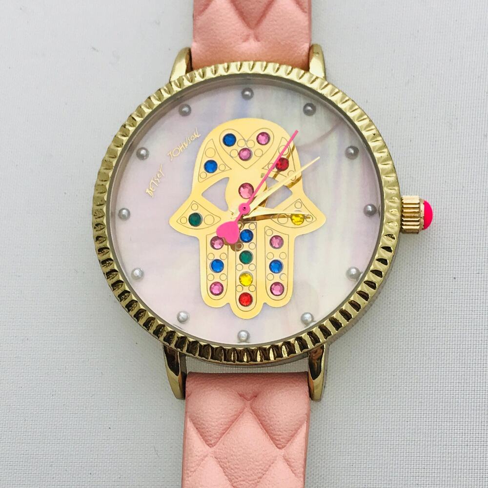 Betsey Johnson Hamsa Watch- Pink Quilted Strap- Rhinestone Boho- New Battery